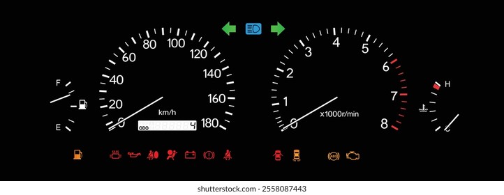 Realistic night mid 90s Japanese mid specs large sedan optitron gauge cluster in gasoline engine and manual gearbox illustration vector.