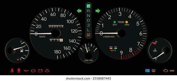 Realistic night mid 90s Japanese sport hatchback gauge cluster in turbo gasoline engine and automatic gearbox with ABS includes electronic damper and boost gauge illustration vector.