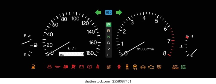 Realistic night mid 90s Japanese sporty large sedan optitron gauge cluster in gasoline engine and manual gearbox with orange illumination includes traction control illustration vector.