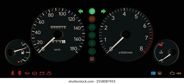 Realistic night mid 90s Japanese sport hatchback gauge cluster in gasoline engine and automatic gearbox with antilock braking system illustration vector.