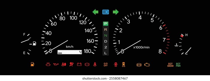 Realistic night mid 90s Japanese luxury large sedan optitron gauge cluster in gasoline engine and automatic gearbox without traction control illustration vector.