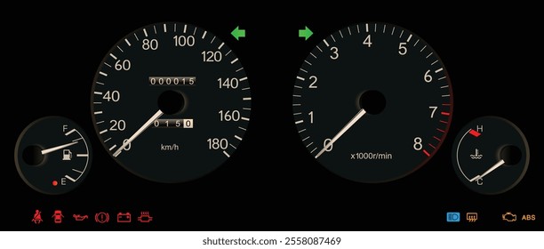 Realistic night mid 90s Japanese sport hatchback gauge cluster in gasoline engine and manual gearbox with antilock braking system illustration vector.