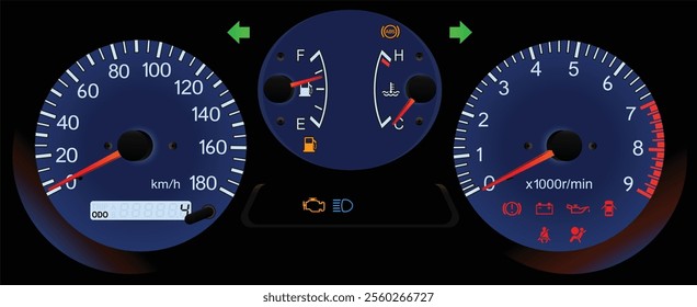 Realistic night mid 90s Japanese sport wagon blue gauge cluster in turbo intercooler all wheel drive gasoline engine and manual gearbox illustration vector.