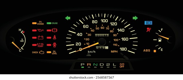 Realistic night mid 90s Japanese midsize minivan gauge cluster in Canadian specs gasoline engine and 4WD automatic gearbox without tachometer illustration vector.