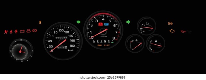 Realistic night mid 90s Japanese midsize sport coupe gauge cluster in Japanese standard specs gasoline engine and rear wheel drive automatic gearbox without traction control illustration vector.