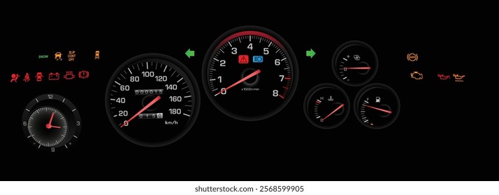 Realistic night mid 90s Japanese midsize sport coupe gauge cluster in Japanese top turbo specs gasoline engine and rear wheel drive manual gearbox illustration vector.