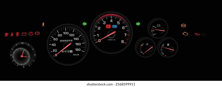 Realistic night mid 90s Japanese midsize sport coupe gauge cluster in Japanese low specs gasoline engine and rear wheel drive manual gearbox with airbag illustration vector.