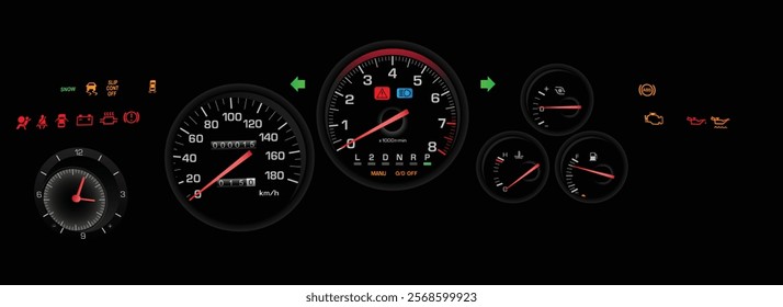 Realistic night mid 90s Japanese midsize sport coupe gauge cluster in Japanese turbo specs gasoline engine and rear wheel drive automatic gearbox with airbag illustration vector.