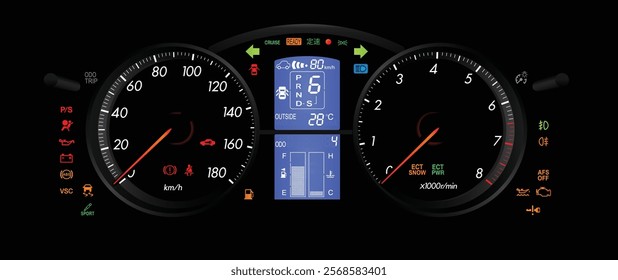 Realistic night mid Y2K Japanese midsize sport sedan with semi-digital gauge cluster in gasoline engine and automatic gearbox with electronic damper and radar cruise control illustration vector.