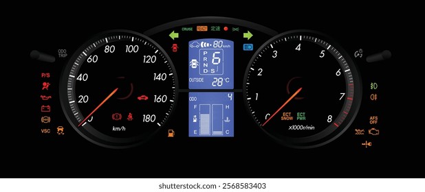 Realistic night mid Y2K Japanese midsize sport sedan with semi-digital gauge cluster in gasoline engine and automatic gearbox with radar cruise control illustration vector.