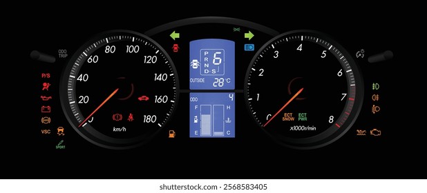 Realistic night mid Y2K Japanese midsize sport sedan with semi-digital gauge cluster in gasoline engine and automatic gearbox with electronic damper illustration vector.