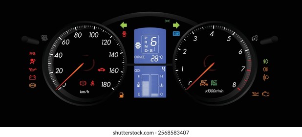 Realistic night mid Y2K Japanese midsize sport sedan with semi-digital gauge cluster in gasoline engine and automatic gearbox without radar cruise control and electronic damper illustration vector.