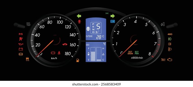 Realistic night mid Y2K Japanese midsize sport sedan with semi-digital gauge cluster in gasoline engine and electronically controlled 4wd automatic gearbox illustration vector.