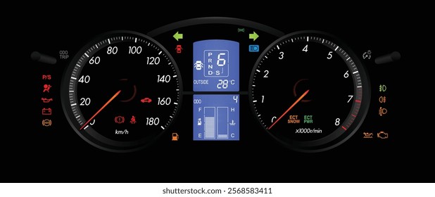 Realistic night mid Y2K Japanese midsize sport sedan with semi-digital gauge cluster in gasoline engine and automatic gearbox low specs illustration vector.