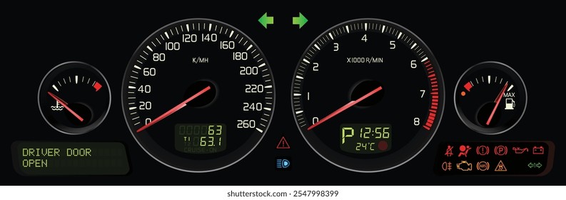 Realista noche mid Y2K sueco de tamaño completo sedán salpicadero con motor de gasolina auto Especificaciones de transmisión incluido multi pantalla de información y cinturón de seguridad recordatorio con bisel Vector de ilustración.