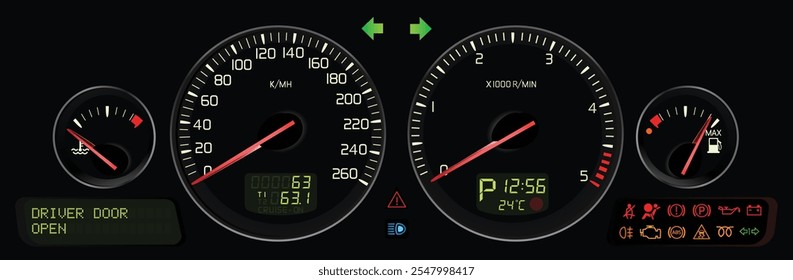 Realista noche mid Y2K sueco de tamaño completo sedán salpicadero con turbo motor diesel auto Especificaciones de transmisión incluido multi pantalla de información y cinturón de seguridad recordatorio con bisel Vector de ilustración.