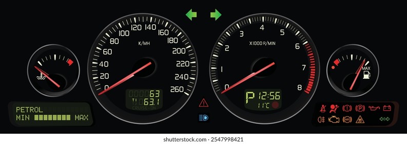 Realistic night mid Y2K Salpicadero de sedán sueco de tamaño completo con Especificaciones de transmisión automática de motor bicombustible incluido nivel de combustible y pantalla de nivel de GLP y recordatorio de cinturón de seguridad con Vector de ilustración de bisel.