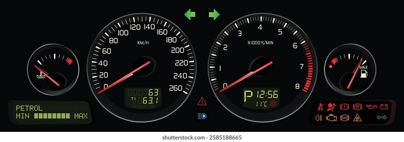 Realistic night mid Y2K Swedish full size sedan dashboard with bi-fuel engine auto transmission specs included fuel level and LPG level display and seatbelt reminder with bezel illustration vector.