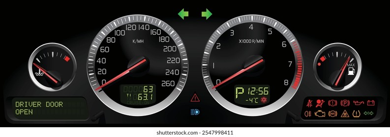 Noche realista casi 2010 tablero de instrumentos sueco de lujo de tamaño completo con cara de calibre negro y bisel de aluminio grueso incluido downlight led en motor de gasolina Especificaciones de caja de cambios automáticas ilustración Vector.