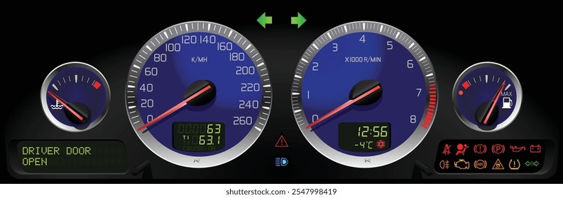 Realistic night nearly 2010 Swedish full size sport sedan dashboard with blue gauge face and thick aluminum bezel included downlight LED in gasoline engine manual gearbox specs illustration vector.