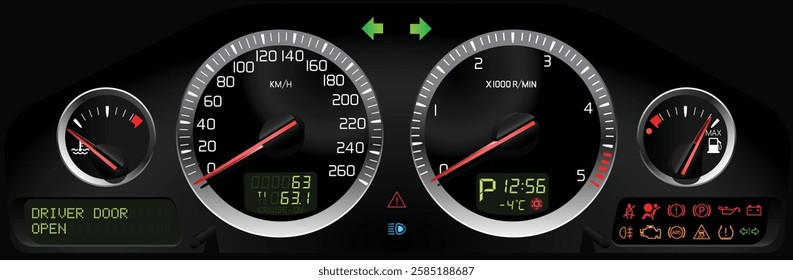 Realistic night nearly 2010 Swedish full size luxury sedan dashboard with black gauge face and thick aluminum bezel included downlight LED in diesel engine automatic gearbox specs illustration vector.