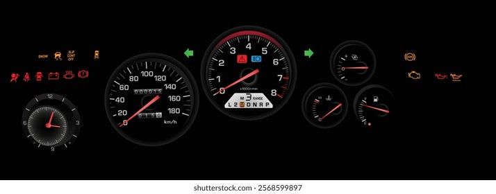 Realistic night nearly late 90s Japanese midsize sport coupe gauge cluster in Japanese top turbo specs gasoline engine and rear wheel drive automatic with tiptronic gearbox illustration vector.