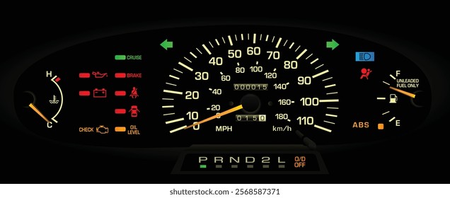 Realistic night nearly mid 90s Japanese midsize minivan gauge cluster in US specs gasoline engine and rear wheel drive automatic gearbox without tachometer illustration vector.