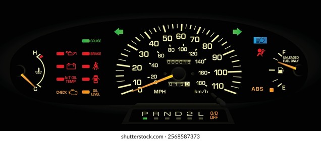 Realistic night nearly mid 90s Japanese midsize minivan gauge cluster in US specs gasoline engine and 4WD automatic gearbox without tachometer illustration vector.