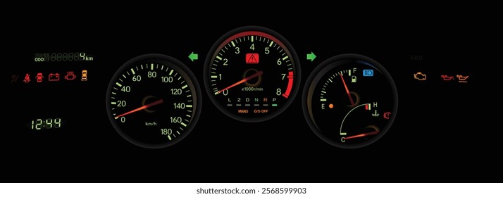 Realistic night nearly mid 90s Japanese midsize sport coupe gauge cluster in Japanese low specs gasoline engine and rear wheel drive automatic gearbox illustration vector.