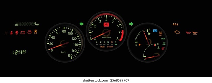 Realistic night nearly mid 90s Japanese midsize sport coupe gauge cluster in Japanese top specs gasoline engine and rear wheel drive automatic gearbox illustration vector.