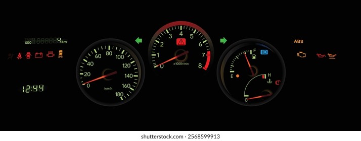 Realistic night nearly mid 90s Japanese midsize sport coupe gauge cluster in Japanese low sporty specs gasoline engine and rear wheel drive manual gearbox illustration vector.