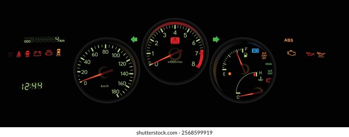 Realistic night nearly mid 90s Japanese midsize sport coupe gauge cluster in Japanese high performance specs gasoline engine and rear wheel drive manual gearbox illustration vector.