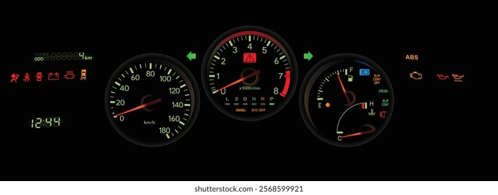 Realistic night nearly mid 90s Japanese midsize sport coupe gauge cluster in Japanese top specs gasoline engine and rear wheel drive automatic gearbox with airbag illustration vector.