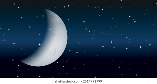 Realistic night sky with crescent moon and stars