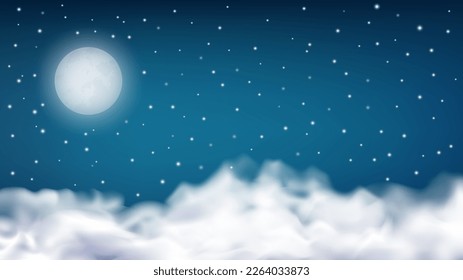 Realistic night sky with moon and stars. Cloudy fog, starry horizontal and moonlight at evening. Magical dreams vector background