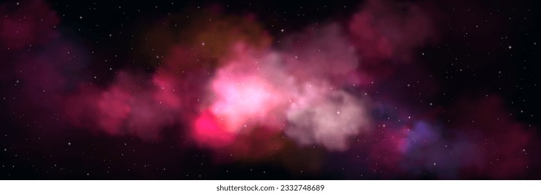 Realistic night sky with pink clouds. Vector illustration of magic sparkling stars scattered in dark space, colorful gradient mist flying in air, glitter powder splash. Abstract fantasy universe