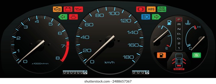 Realistic night time 80s analog Japanese car instrument panel in Japanese specs speedometer measures in km per hour with blue illumination illustration vector.