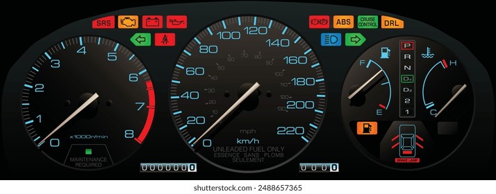 Realistic night time 90s analog Japanese car instrument panel in Canadian specs with full scale speedometer measures in mph and km per hour and illumination illustration vector