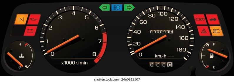 Realistic night time analog Japanese car instrument panel in European specs with the manual choke carburetor gasoline engine with manual transmission and illumination illustration vector.