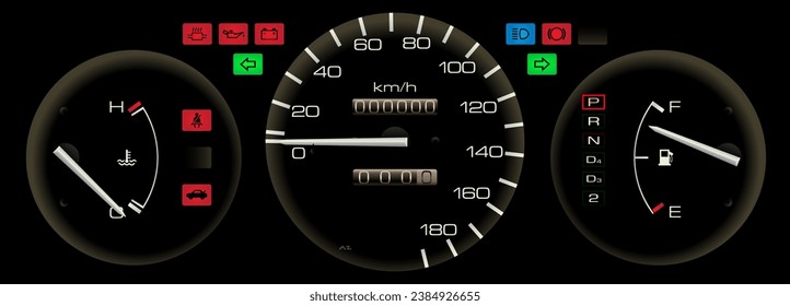 Realistic night time carburetor engine Japanese automatic transmission car instrument panel without tachometer and measurement unit in kilometer illustration vector.