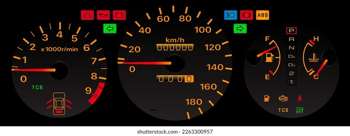 Realistic night time full function Japanese automatic transmission car instrument panel with illumination type pointer.