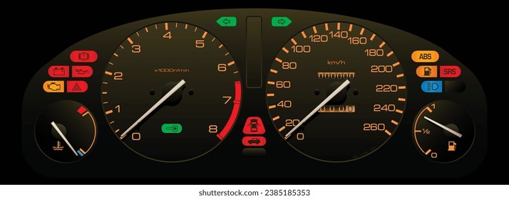 Realistic night time full function Japanese manual transmission car instrument panel with illumination measures in maximum 260 kilometer per hour unit.