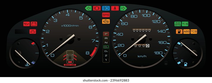 El panel de instrumentos de coche de transmisión automático japonés funciona de noche realista con medidas de iluminación en kilómetros por unidad de hora.