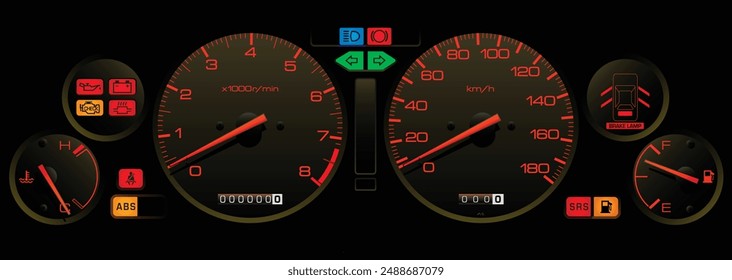 Realistic night time full function Japanese 90's manual transmission car instrument panel with orange illumination on kilometer per hour unit without traction control system illustration vector.