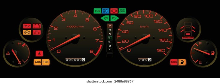 Realistic night time full function Japanese 90's automatic transmission sport sedan car instrument panel with orange illumination on kilometer per hour unit illustration vector.