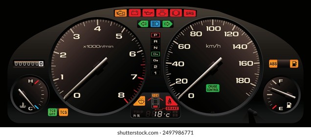 Panel de instrumentos coupé japonés de Grande lujo analógico de función completa nocturna realista en Especificaciones japonesas con el motor de gasolina de inyección de combustible y el Vector de ilustración de transmisión automática.