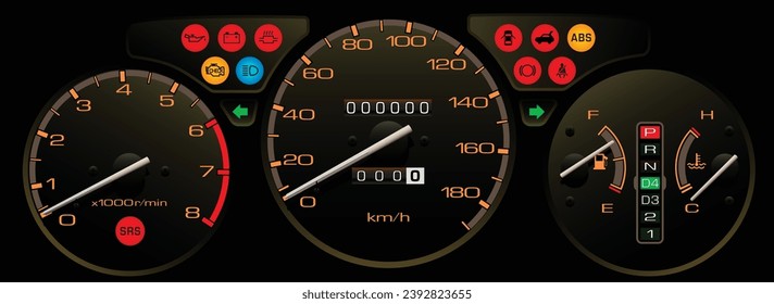 panel de instrumentos de vehículo de transporte automático japonés con tacómetro y unidad de medida en kilómetros con selección de velocidades inferior en el vector de ilustración de la posición de la marcha.