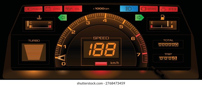 Realistic night time mid 80s Japanese city hatchback car with turbo gasoline engine and manual gearbox gauge cluster in semi-digital and analog style instrument panel illustration vector.