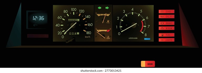 Realistic night view late 70s Japanese sedan gauge cluster in Japanese specs carburetor gasoline engine with tachometer included digital clock and door ajar indicator illustration vector.