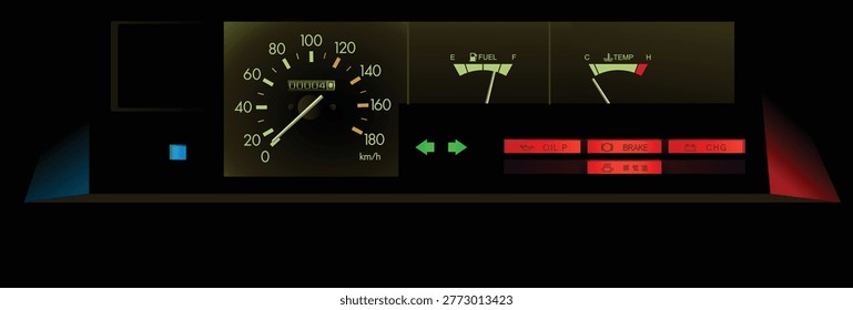 Realistic night view late 70s Japanese sedan gauge cluster in Japanese lower specs carburetor engine without analog clock and low fuel level indicator also no trip meter and tachometer illustration vector.